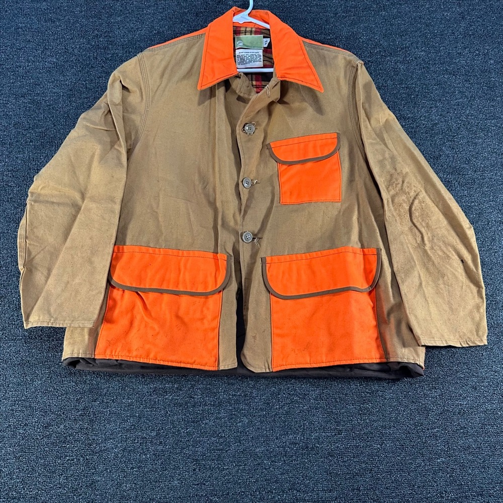 JCPenney Hunting Jacket Mens XL Tan Orange Good Vintage Canvas Game Pouch